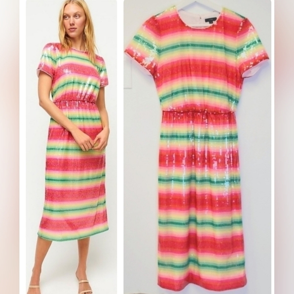 J.Crew Short-Sleeve Sequin Dress in Watermelon Stripe Size 2 - Picture 1 of 16